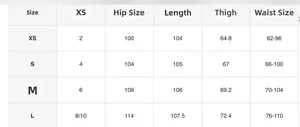 Detailed size guide for women's casual loose pants set with US and CM measurements