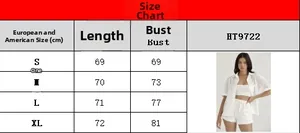 Detailed size chart for white hollow short sleeve shirt and shorts set showing S-XL measurements
