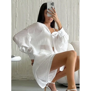 Women's summer two-piece set featuring a loose white striped sheer cardigan and shorts