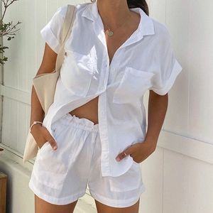 French style white linen two-piece summer set with short sleeve shirt and shorts