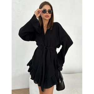 Women's black cotton crepe long sleeve dress with waist tie and ruffle hem