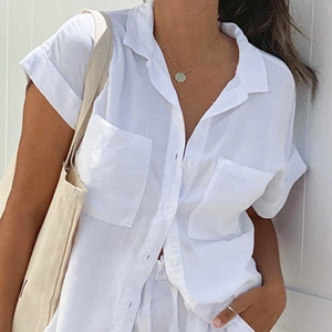 French style white linen leisure set with short sleeve shirt and shorts for summer