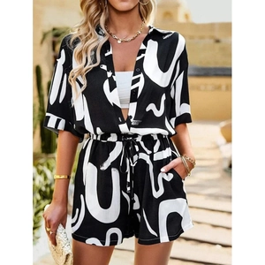 Women Abstract Print Short Sleeve Button Up Shirt And Drawstring Shorts Vacation Casual Streetwear Summer Outfit For Ladies