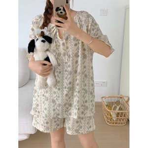 Women Vintage Floral Cotton Pajamas Ruffle Sleeve Nightdress And Top And Shorts Home Wear Breathable Summer Sleepwear