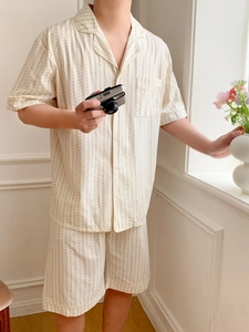 Men's summer beige short-sleeve pajama set with black dotted vertical stripes
