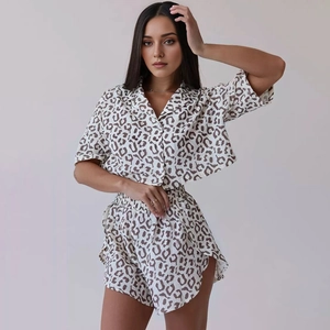 Close-up of leopard print fabric detail on summer two-piece pajama set for women