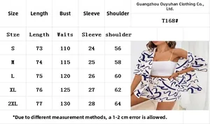 Detailed size chart for the printed shirt and shorts set showing S to 2XL measurements