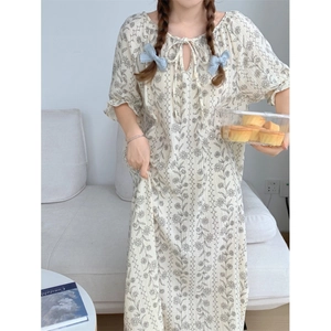 Short sleeve floral print loungewear nightgown with bow tie neck and ruffle sleeves
