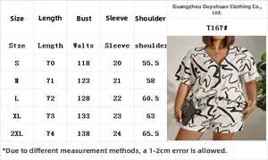 Size guide for women's two-piece short sleeve lounge set with abstract line print