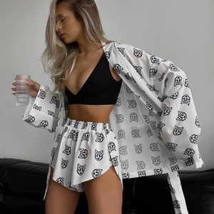 Women Loungewear Set Long Sleeve Kimono Wrap Top And Elastic Waist Shorts Geometric Animal Letter Print Casual Pajama Apparel