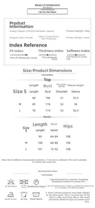 Detailed size chart for soft long sleeve pajamas showing dimensions and fabric specs