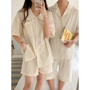Summer Couple Pajamas Cotton Blend Vertical Dotted Stripe Short Sleeve Shirt And Shorts Women Tassel Trim Lounge Wear Men Home Wear