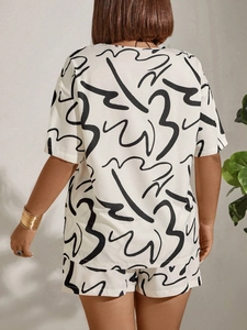 Back view of a women's two-piece casual set featuring abstract black line art on cream fabric