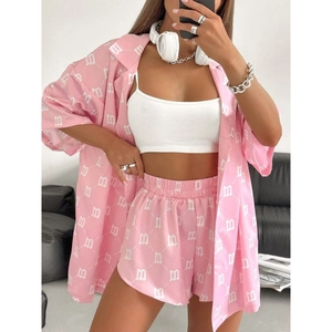 Women Satin Lounge Outfit Letter Monogram Short Sleeve Shirt And High Waist Shorts Casual Streetwear Summer Apparel