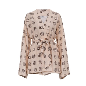 Women's pajama set featuring fox head print, V-neck long-sleeve top and belted waist