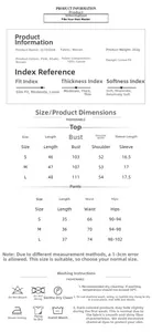 Size chart for women's 100% cotton pajama set with detailed garment measurements