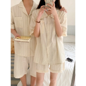 Couples striped summer pajama set with short sleeves and tassel details in beige