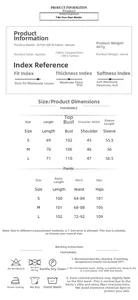 Tableau des tailles détaillé pour pyjama en coton avec mesures du haut et du pantalon