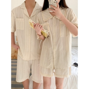 Couples minimalist cream pajama set with vertical dots and fringe trim for summer comfort
