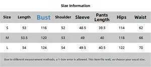 Detailed size guide table for women's jacquard shirt and shorts set with S, M, L measurements
