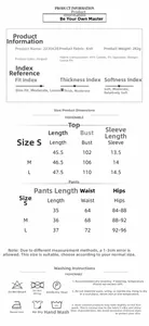Guide des tailles pour pyjama rayé en tricot avec mesures détaillées du haut et du pantalon