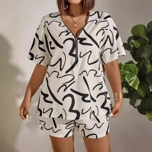 Women Casual Abstract Geometric Print Top And Shorts V Neck Zipper Short Sleeve Summer Lounge Outfit
