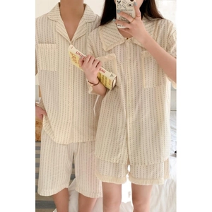 Minimalist summer couple pajamas set with black dot stripes and frayed edge detailing