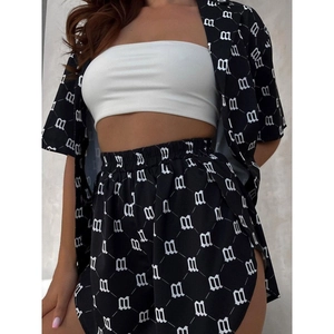 Women's 3-piece casual set featuring Gothic letter print shirt, tube top, and side-slit shorts
