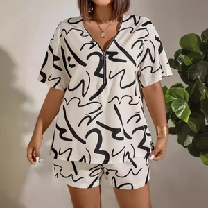 Women's two-piece short sleeve V-neck zipper set with black abstract geometric prints