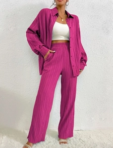 Detail of plum pleated two-piece set featuring a button shirt and high-waist wide-leg pants