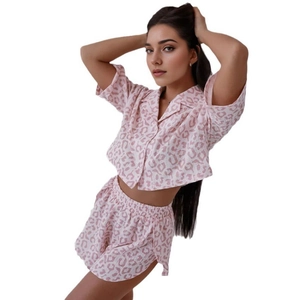 Women's summer cotton pajama set with pink leopard print featuring short sleeve button top