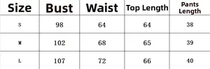 Size chart detail for floral loungewear set showing bust, waist, and length measurements
