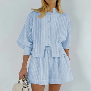 Women's Casual Cotton Jacquard Striped Shirt And Shorts Set Lantern Sleeve Button Down Top And Bottom Loungewear Outfit