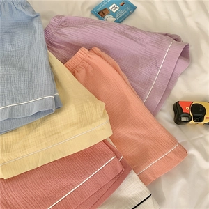 Detail of multi-colored breathable cotton gauze lounge shorts with elastic waistband