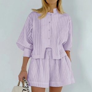 Women's lilac striped two-piece lounge set with long-sleeve shirt and matching shorts
