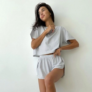 Ensemble de Détente Tricoté Rayé pour Femmes Polyester Haut Court Manches Courtes et Bas Pyjama Décontracté Maison