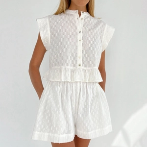 Women's Summer Casual Cotton Jacquard Top And Bottom Set Ruffle Flutter Sleeve Button Shirt And Shorts Vacation Wear