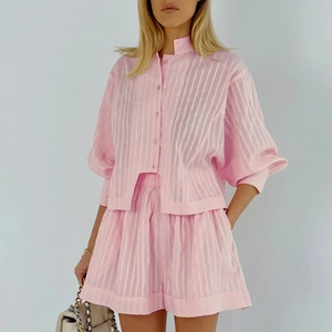 Pink striped jacquard shirt and shorts two-piece set for women with soft fabric texture