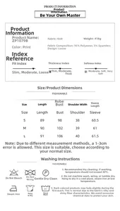 Detailed size chart for women's floral knit robe showing S-L dimensions and materials