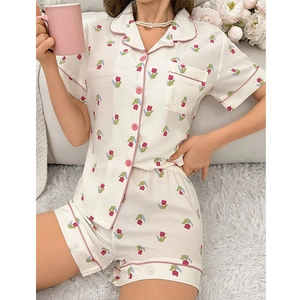 Women's Tulip Floral Print Pajama Set Lapel Short Sleeve Top And Bottom Summer Casual Polyester Homewear Loungewear Sleepwear