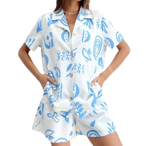 Women's 2-piece blue abstract print pajama set with button-up shirt and shorts