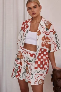 Detail of artistic 3D digital print shorts set with abstract patterns and drawstring waist