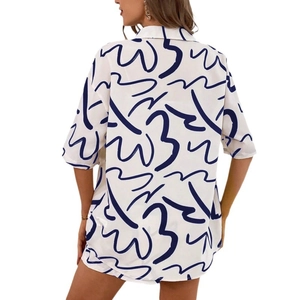 Relaxed fit short sleeve shirt set with blue abstract line print on white base