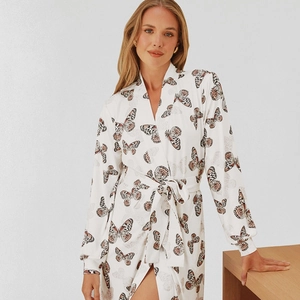 Women Butterfly Print Satin Robe Long Sleeve V Neck Loungewear Nightgown With Belt Elegant Casual Home Wear Sleepwear