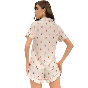 Women's summer pajama set with red tulip print, short sleeve top and shorts