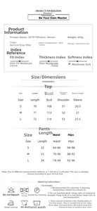 Detailed size chart for cotton pajama sets showing measurements for top and shorts
