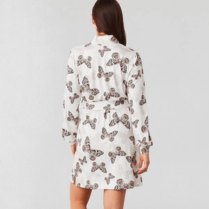 Women's white summer lounge robe with brown butterfly prints and a waist tie belt