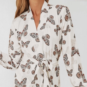 Elegant white butterfly print long sleeve bathrobe with V-neck and waist belt closure