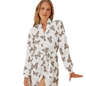 Elegant white printed loungewear robe with colorful butterflies and a waist tie belt