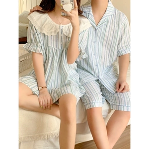 Pyjama de Couple en Coton à Rayures Haut Et Short Avec Col Claudine en Dentelle Doux Vêtement de Maison Homme Femme